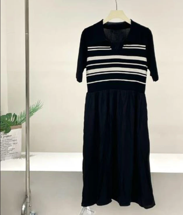 清*大码女装翻领条纹拼接连衣裙胖mm2024秋季甜美针织裙22639