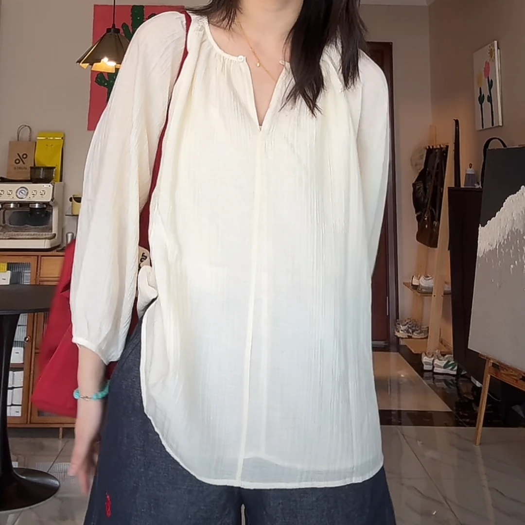 25新款初棉七分袖轻盈褶皱衬衫灯笼袖肌理长袖减龄宽松时尚气质