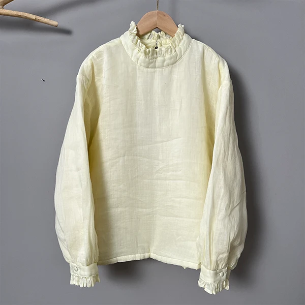 凤儿-冬款纯苎麻花瓣领棉服长袖立领百搭宽松显瘦保暖夹棉打底