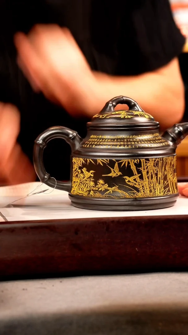 茶壶紫砂石黄 竹鼎 燕子图 描金