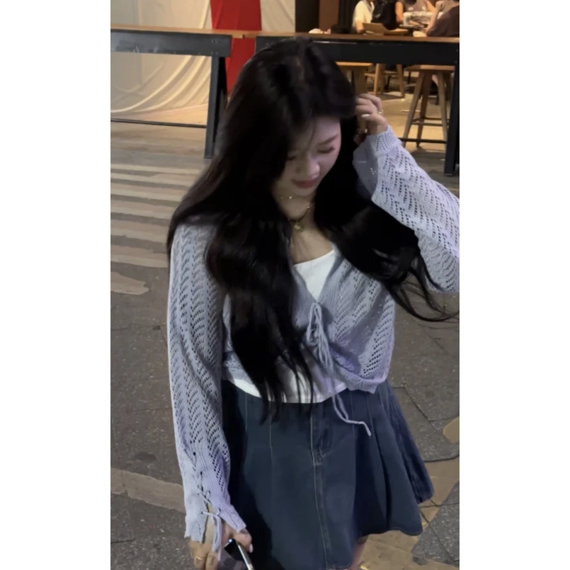 【小琳微胖女装】微胖大码镂空针织开衫宽松系带防晒罩衫显瘦套装