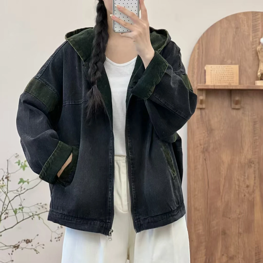 676新款春秋时尚休闲百搭连帽牛仔外套文艺宽松撞色夹克开衫女
