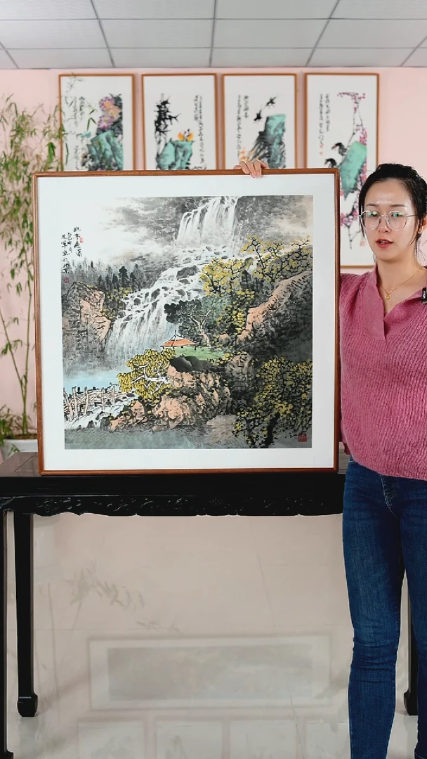 国画张现军《幽亭飞瀑》手绘含框82*82厘米