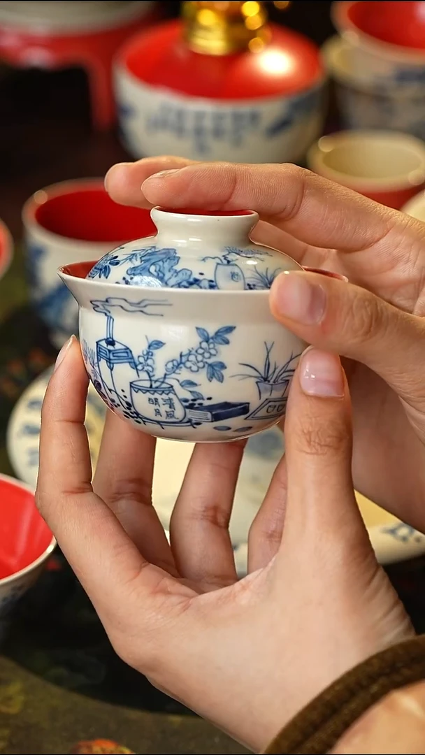 雨香斋景德镇高温纯手工手绘清供图圆墩盖碗