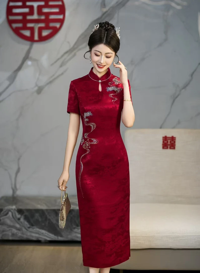 喜婆婆醋酸高档礼服旗袍平时可穿婚礼新娘显瘦酒红色国风夏季薄款