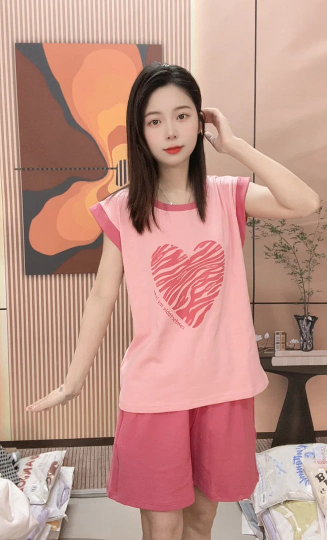 22713火龙果色爱心小飞袖短裤两件套女士睡衣家居服套装