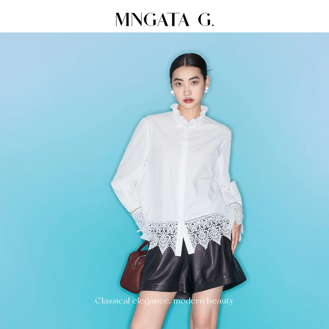 MNGATA G.宫小妍本白拼接蕾丝木耳边时尚百搭秋冬衬衫上衣5101353