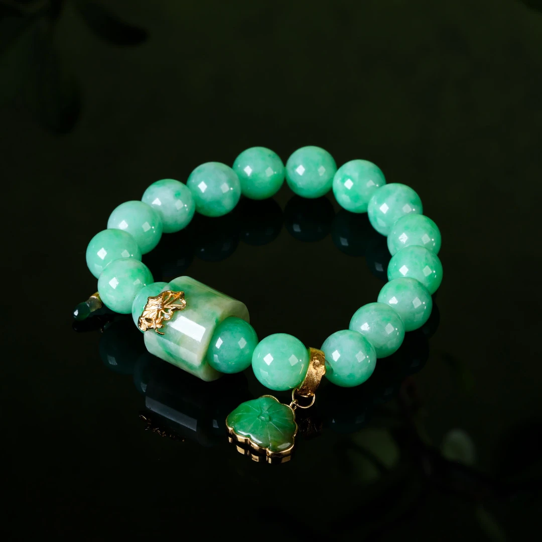 【意婵】《荷塘月色》(10mm)18k金天然缅A阳绿翡翠单圈手链-916177