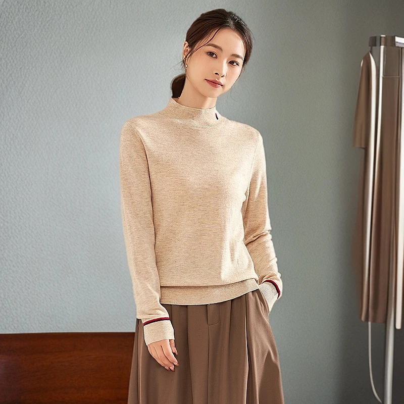 春竹秋季新款半高领时尚百搭简约女套衫女士羊毛衫