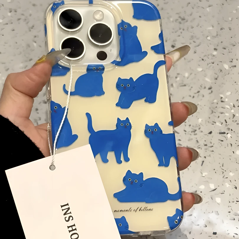 满屏蓝色猫咪IMD大孔适用苹果16手机壳iphone15华为14promax新款x