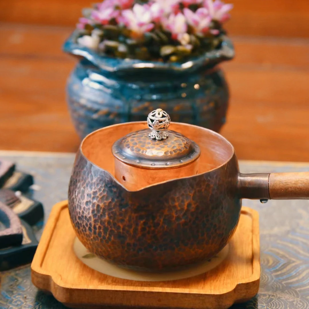500ML纯手工制作茶芯壶铜带盖家用创意复古锤纹泡茶壶木把