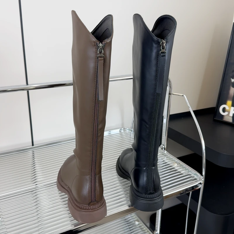 高个子长筒靴女平跟薄底长靴子加肥加大高筒后拉链冬季加绒瘦瘦靴