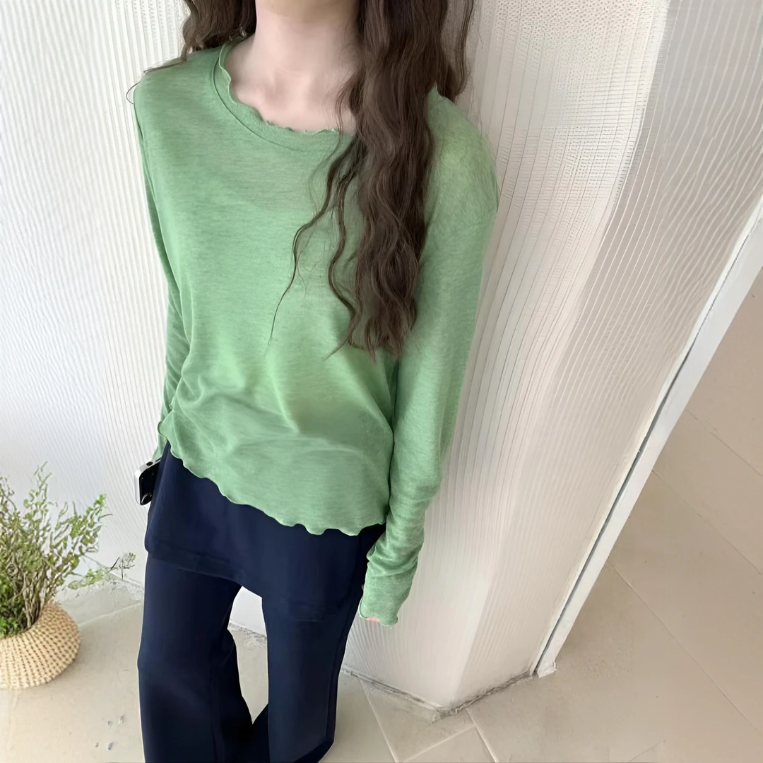 设计款春时尚木耳边莱赛尔纤维长袖宽松圆领短款套头打底衫百搭款