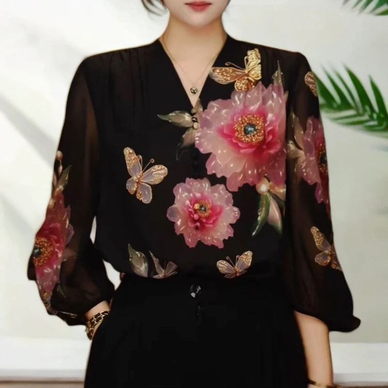 【黑芍药】高端定位印花气质百搭女衬衣！洋气七分袖V领显瘦小衫2526