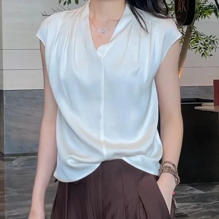 【夏夜微凉】轻奢醋酸时尚百搭T恤女外穿飞袖纯色气质上衣C5563