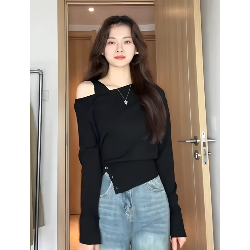 黑色露肩开叉长袖针织衫女秋冬季新款小众内搭打底衫上衣