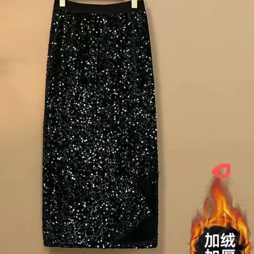 冬季厚款丝绒亮片半身裙洋气时尚百搭气质长款显瘦裙7107