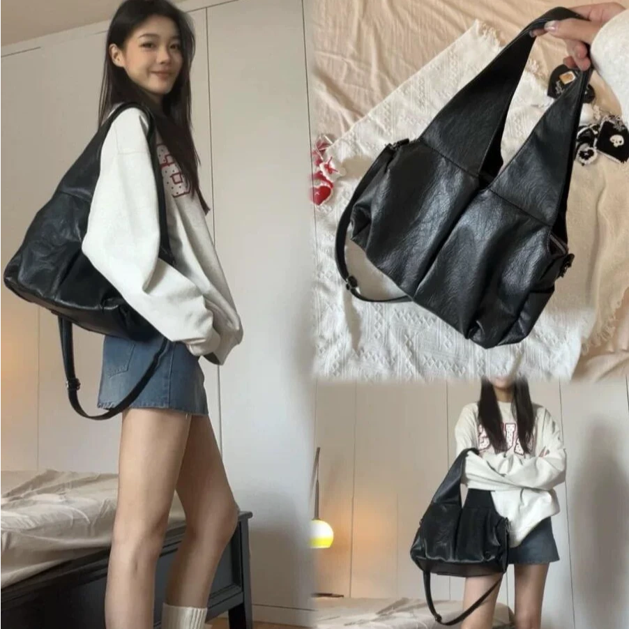 高质感斜挎包早八人通勤托特包复古油蜡皮纯色黑色大容量单肩包