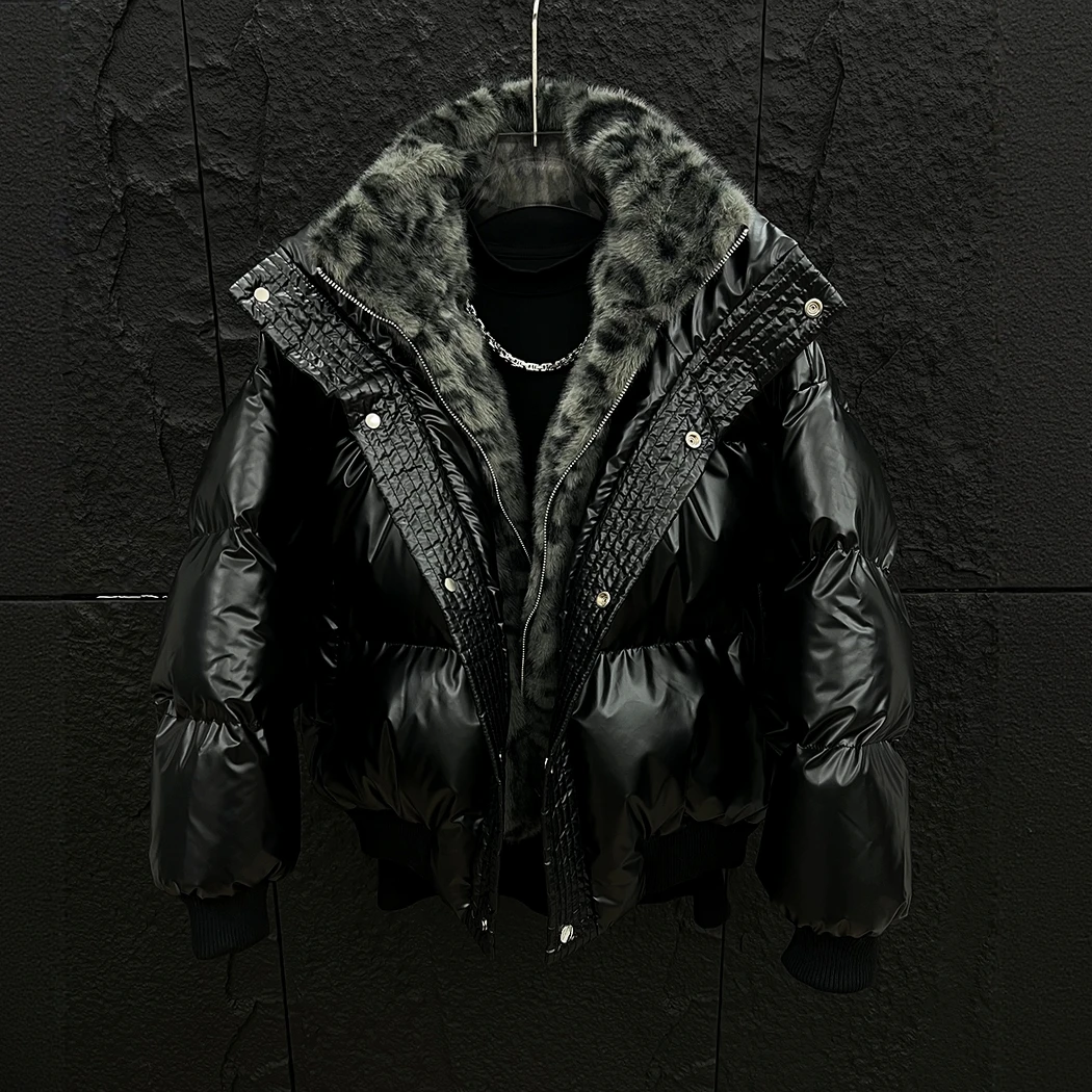 瑟图肖冬季豹纹拼接假两件立领加厚棉衣外套男士短款保暖棉服潮流