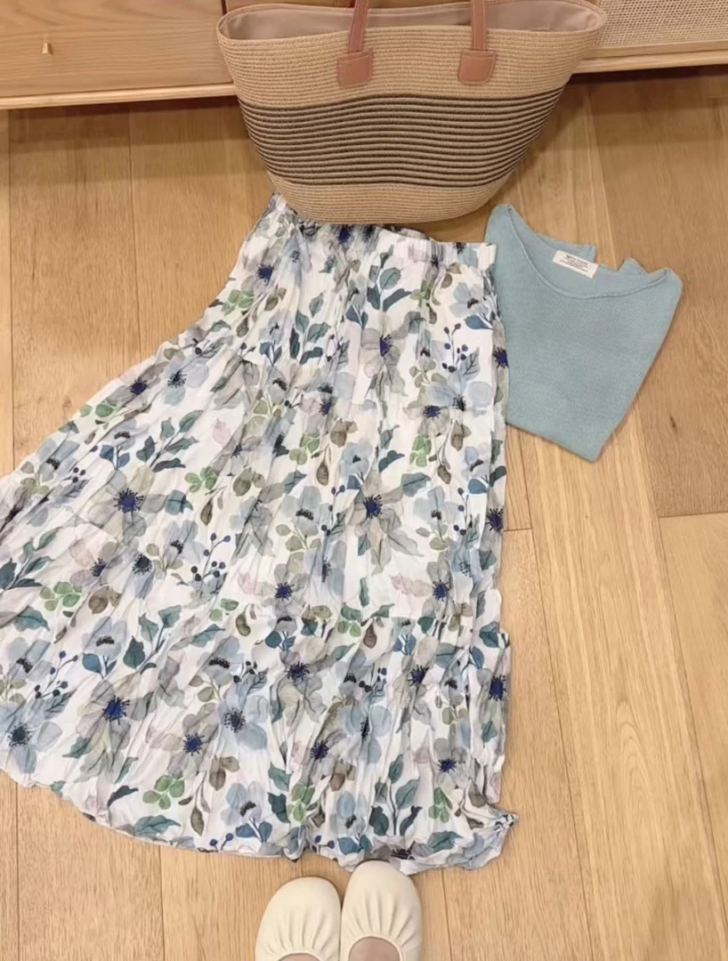 七言家巨好看！ins穿搭飘逸显瘦遮胯度假高腰半身裙8