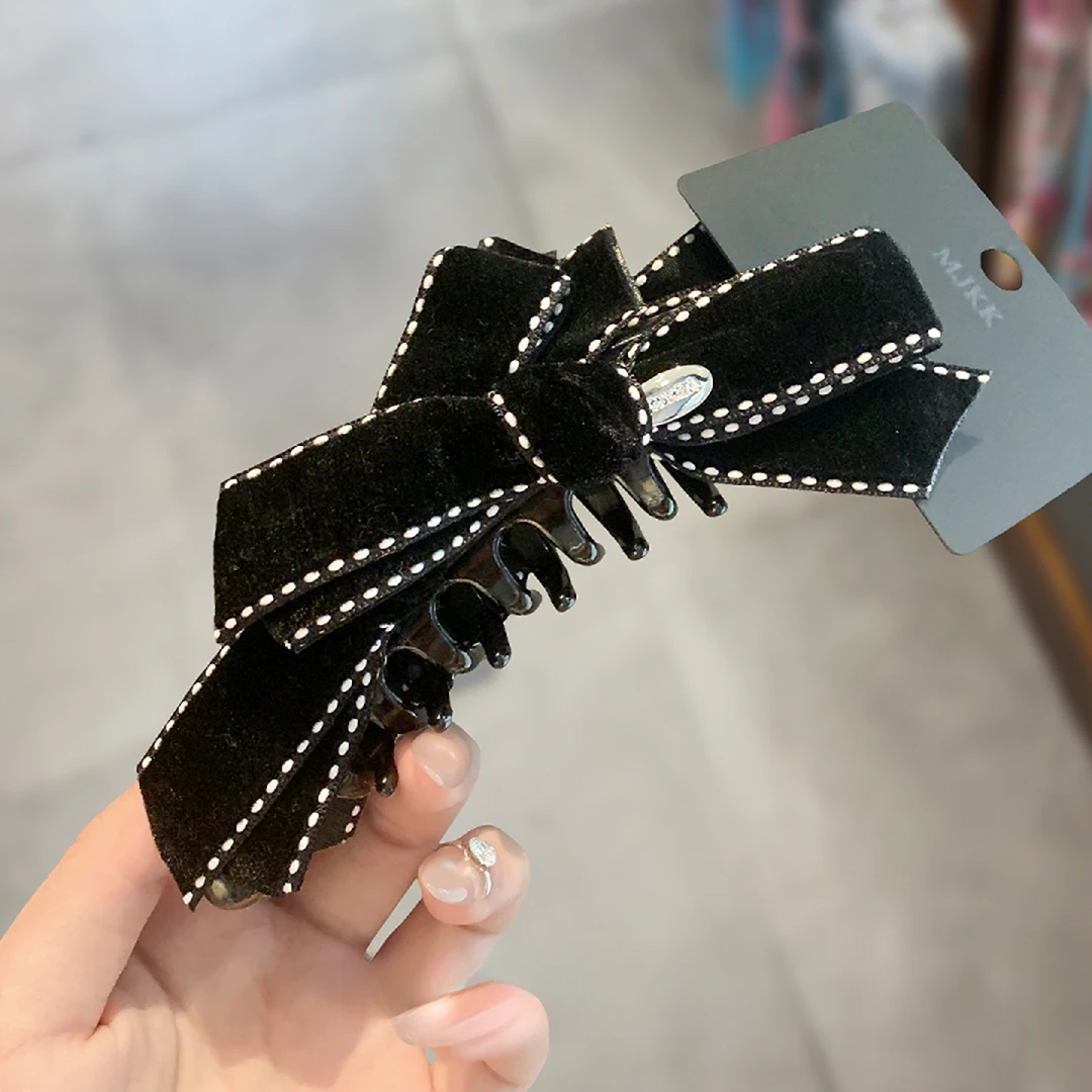 韩国复古时髦高端丝绒线条蝴蝶结懒人扭扭夹高颅顶扎马尾竖夹顶夹