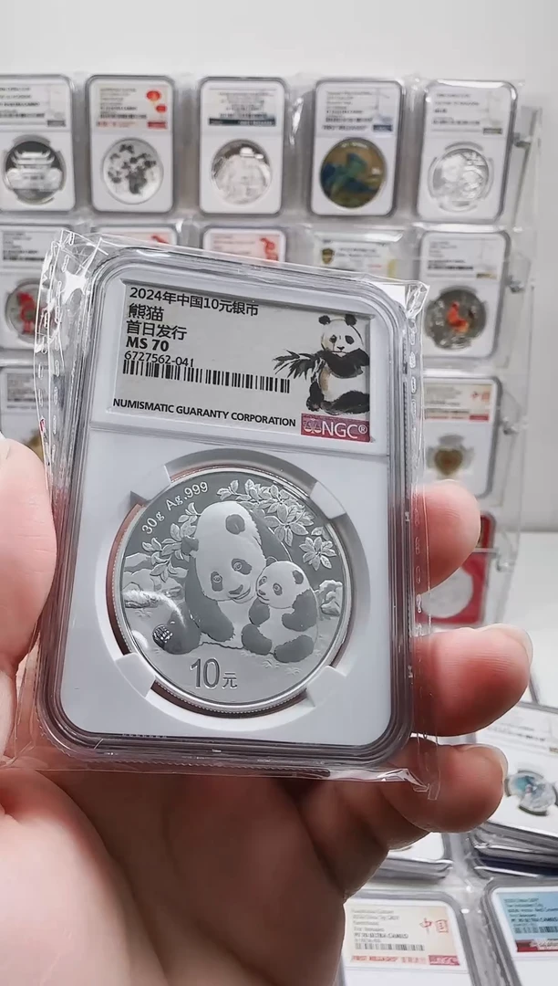 纯银2024年熊猫银币NGC70分水墨熊猫标首日