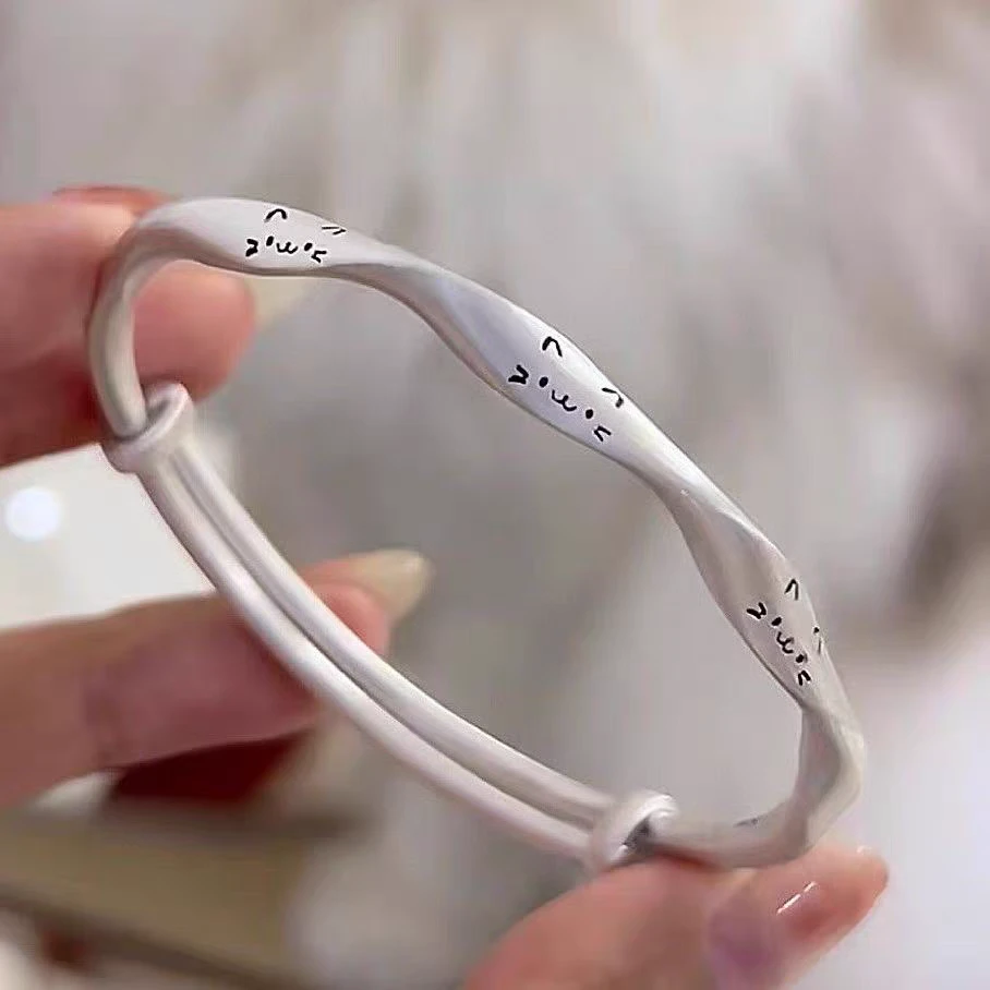 足银手镯 猫咪手镯999足银手镯哑光实心年轻女款莫比乌斯手环礼物