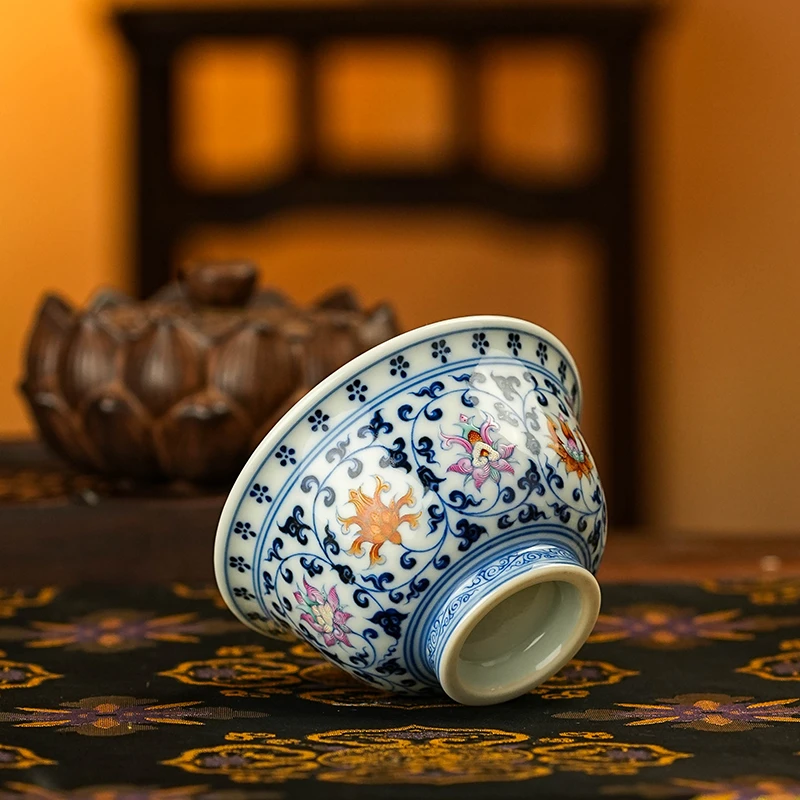 刘建锋窑  青花加彩缠枝莲压手杯  茶具茶瓷喝茶饮茶手工  LJF293
