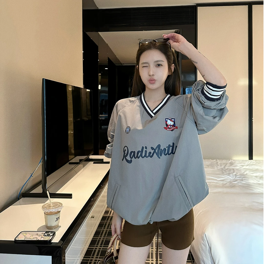 韩国chic印花V领撞色长袖宽松T恤早秋慵懒风显瘦小众气质大码上衣