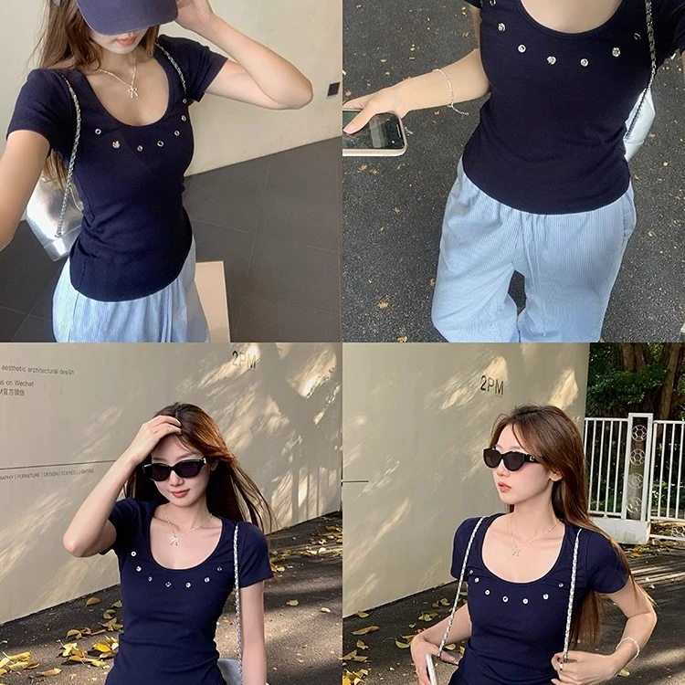 甜辣u领正肩短袖T恤女春夏季修身显瘦百搭镂空外穿小众设计感上衣