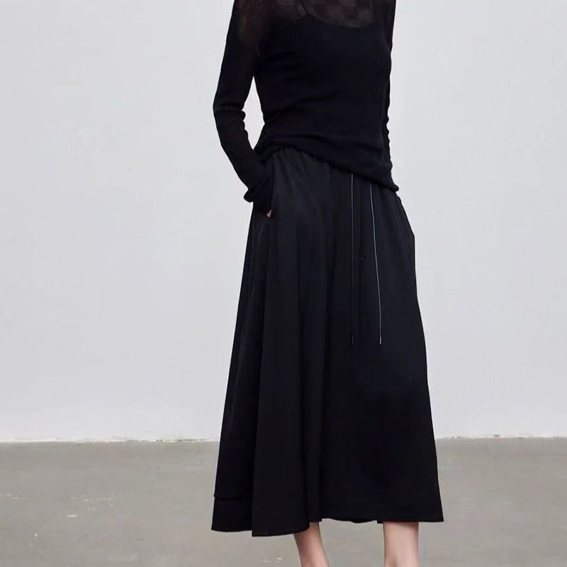 宝丫轻奢  女式复古优雅松紧腰抽绳黑色半身裙K1173
