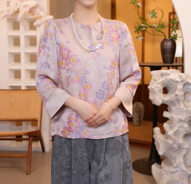 2025春夏季新款宽松复古桑蚕丝时尚中国风短袖上衣BC2522004