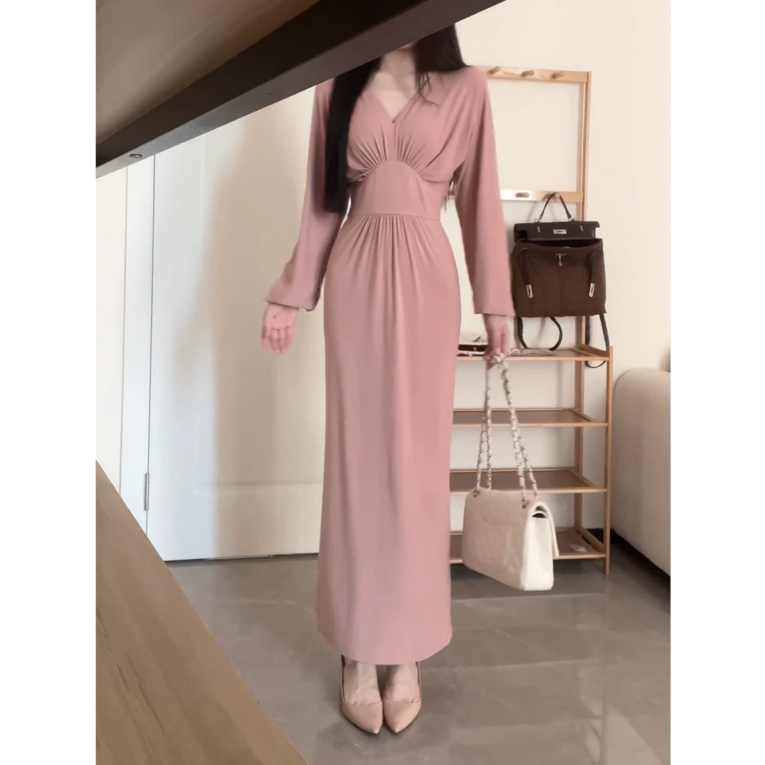 【香氛恋人】早秋褶皱V领辣妹长裙气质高腰长袖遮肉连衣裙XY-208