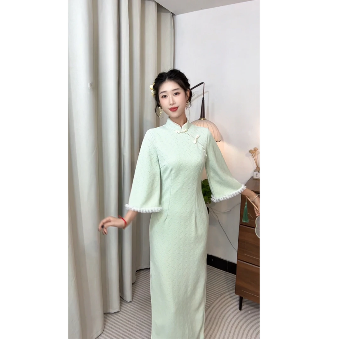 【青音】南瓜专属新款改良日常秋款长袖国风水绿色素雅新中式旗袍