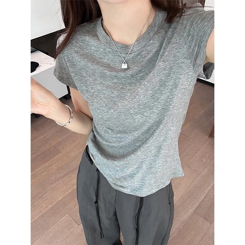 欧货莱赛尔羊毛纯色百搭柔软圆领飞飞袖短袖T恤