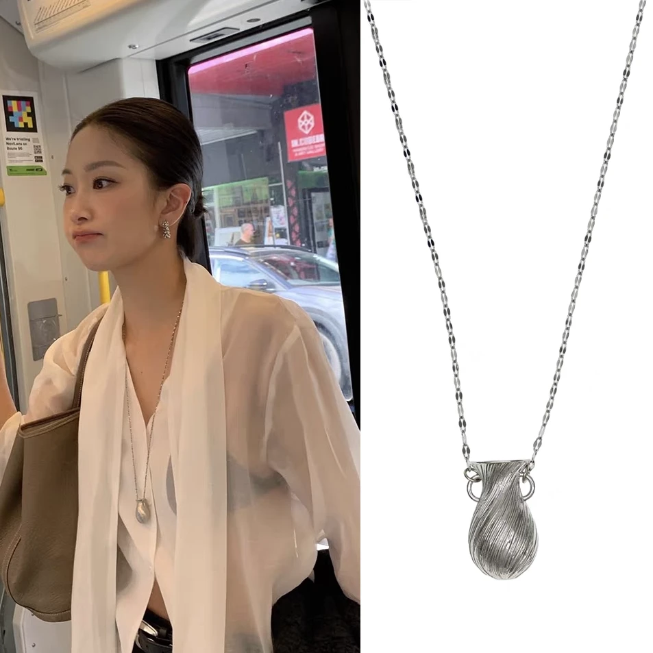 钛钢项链 韩国gyoere同款银色花瓶项链钛钢不褪色纹理长款毛衣链