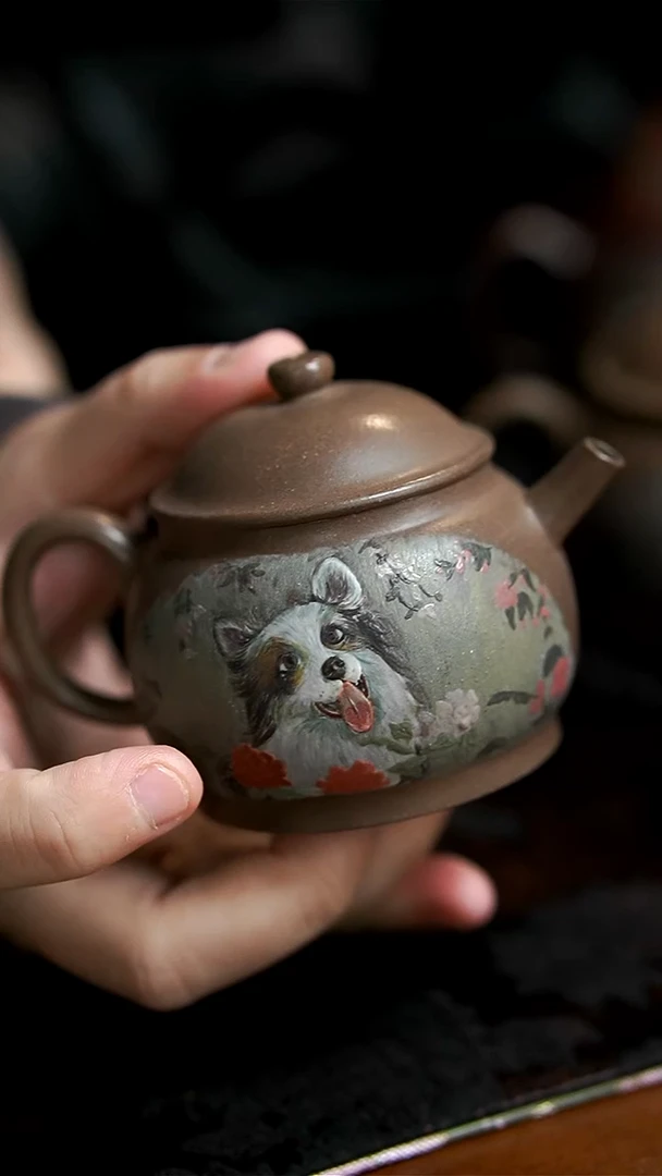 茶壶紫砂烟熏妆小狗壶微瑕