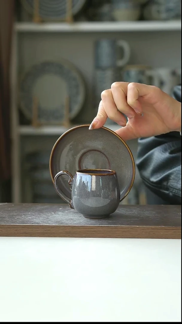 陶窑变美拉德棕浓缩杯碟100ml@4-2@微瑕