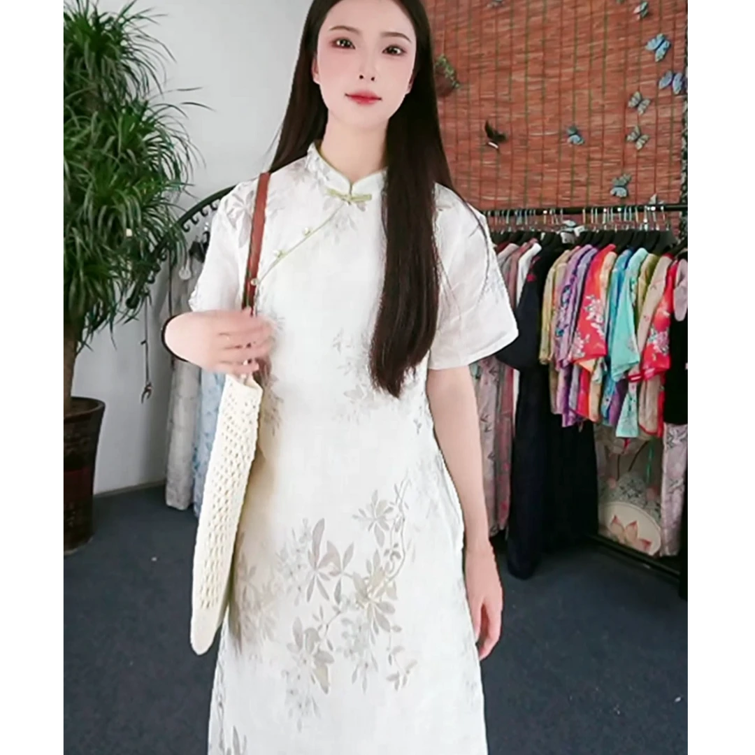 2025新款立领原创印花新中式斜襟春夏季苎麻改良旗袍气质显瘦