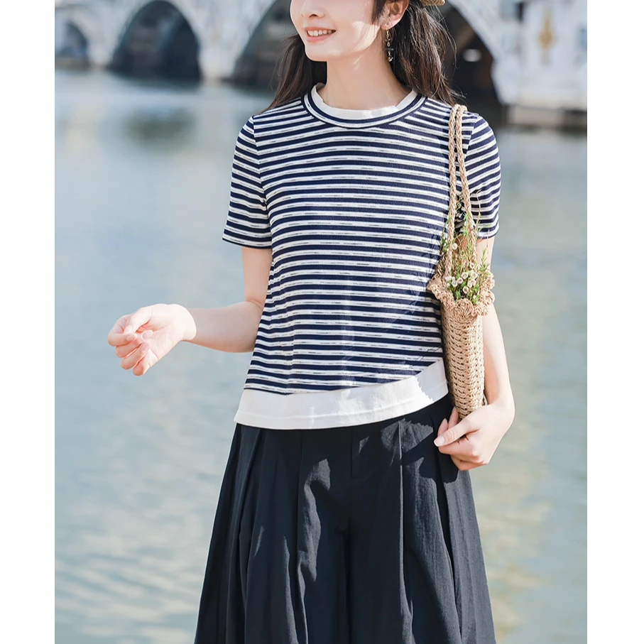 欧货文艺黑白条纹T恤女短袖百搭休闲夏季2025年新款宽松圆领上衣