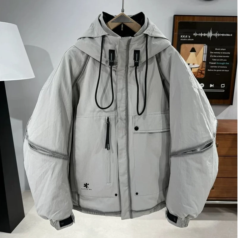 冬季设计感加厚工装羽绒服男户外宽松多口袋白鸭绒保暖休闲外套男