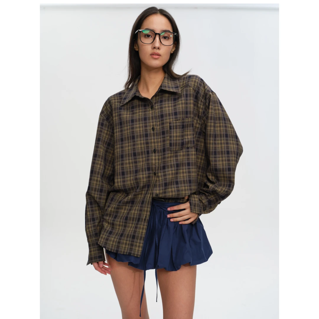 JOHNNYWU复古慵懒风宽松格纹休闲长袖衬衫外套