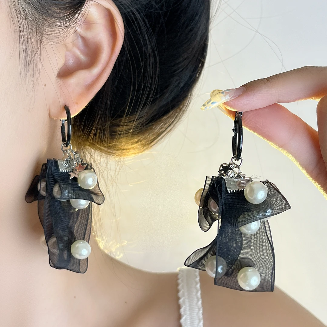非金属布艺耳饰  韩国东大门雪纺珠珠流苏耳环女甜美气质耳钉耳坠