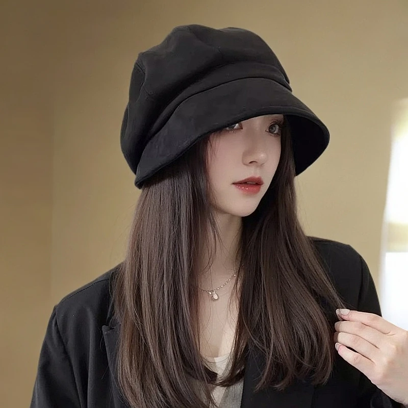 帽子女网红黑色文艺复古百搭麂皮绒冷帽显脸小八角帽日系渔夫帽子
