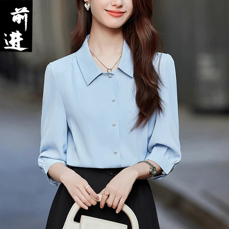 洋气百搭宽松蓝色中袖雪纺衬衣女夏薄款轻职风通勤白色七分袖衬衫