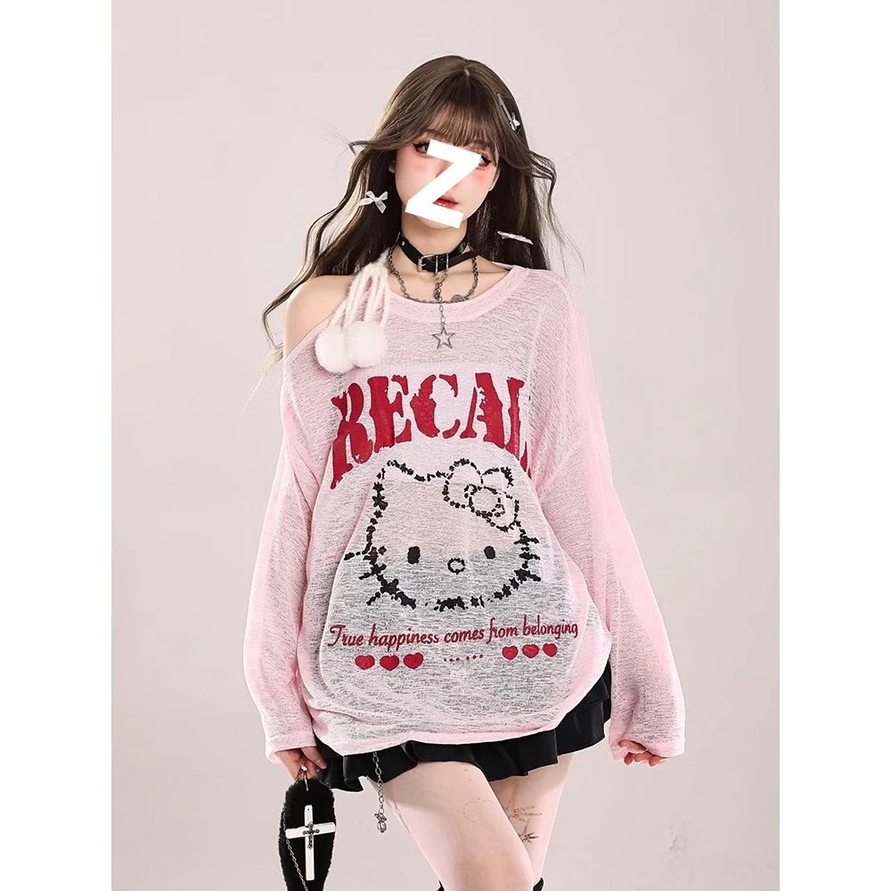 卡通猫软糯针织衫女款春季宽松显瘦长袖T恤露肩上衣