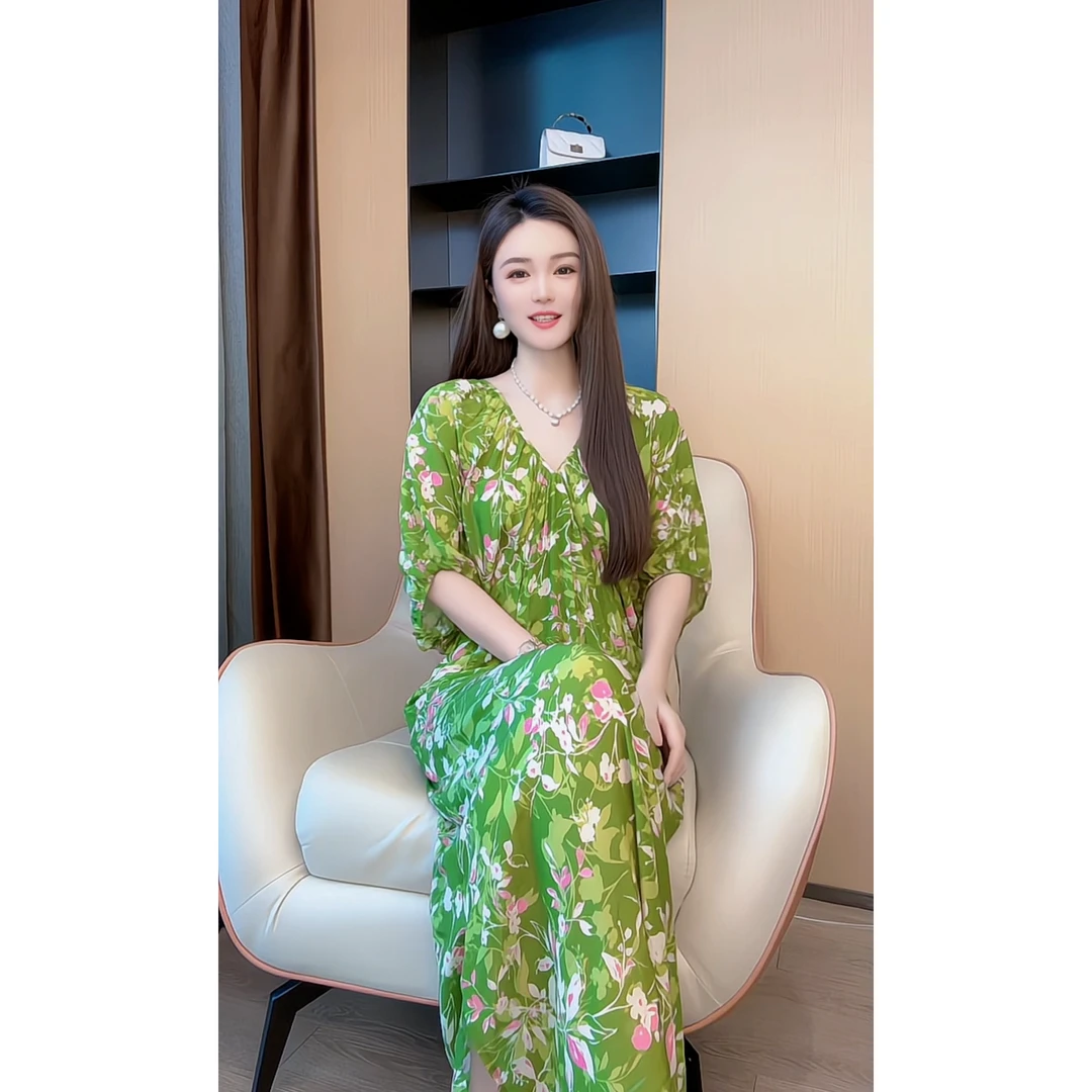 【深圳米熙儿】100%桑蚕丝法式高端女神范V领时尚印花连衣裙25006