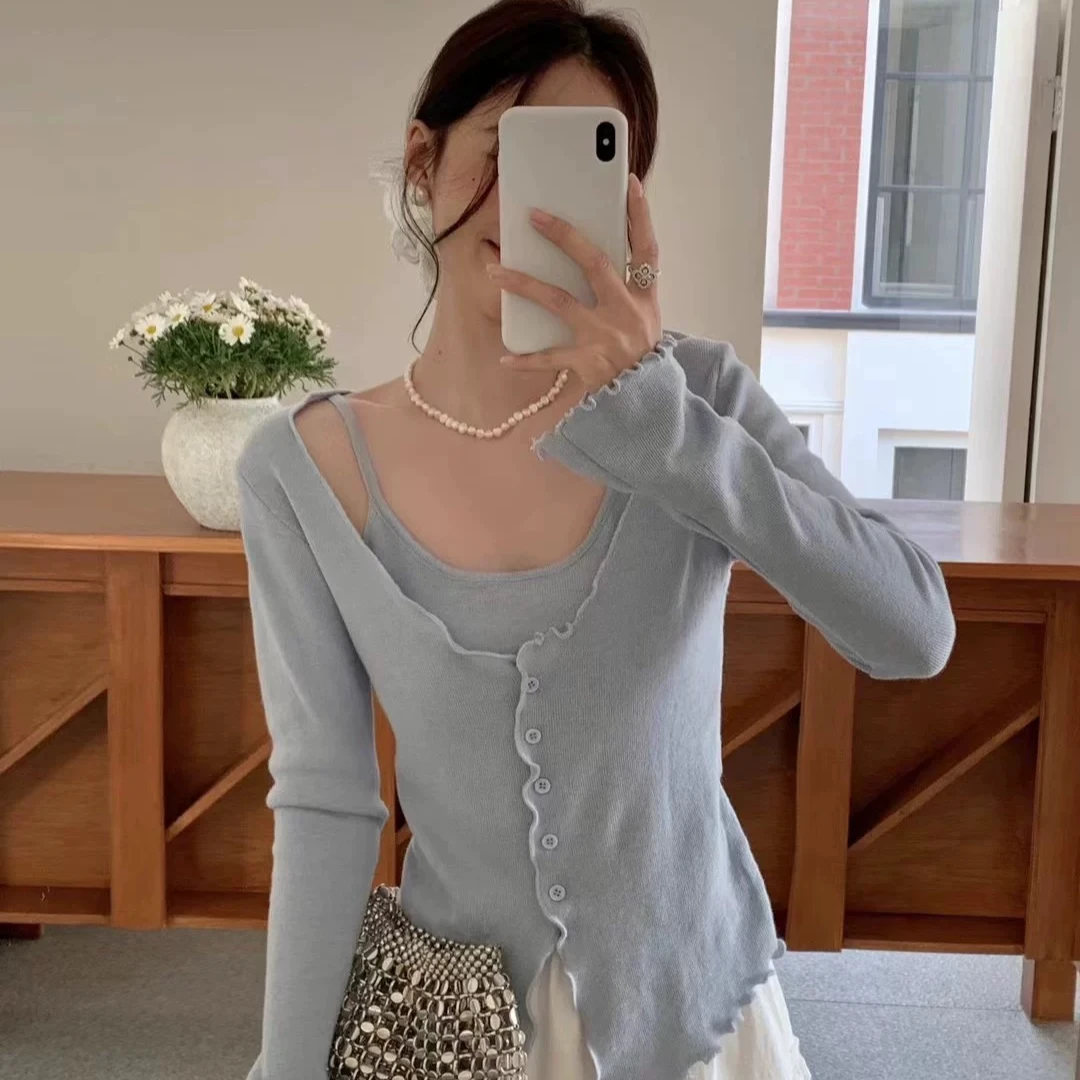 【小王家】7003#花边吊带假两件秋季新款甜美气质简约风针织衫