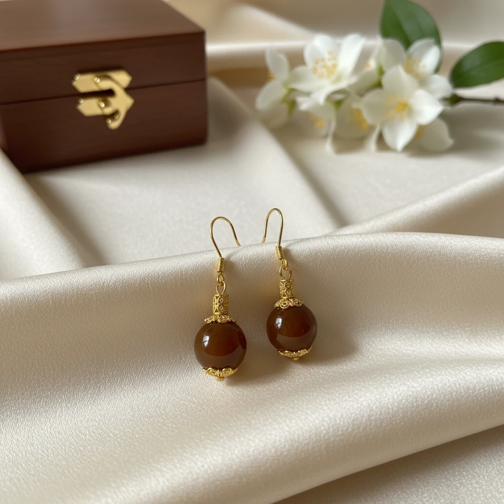 和田玉圆珠耳钩18K金镶嵌时尚气质复古民族风手工古风耳饰