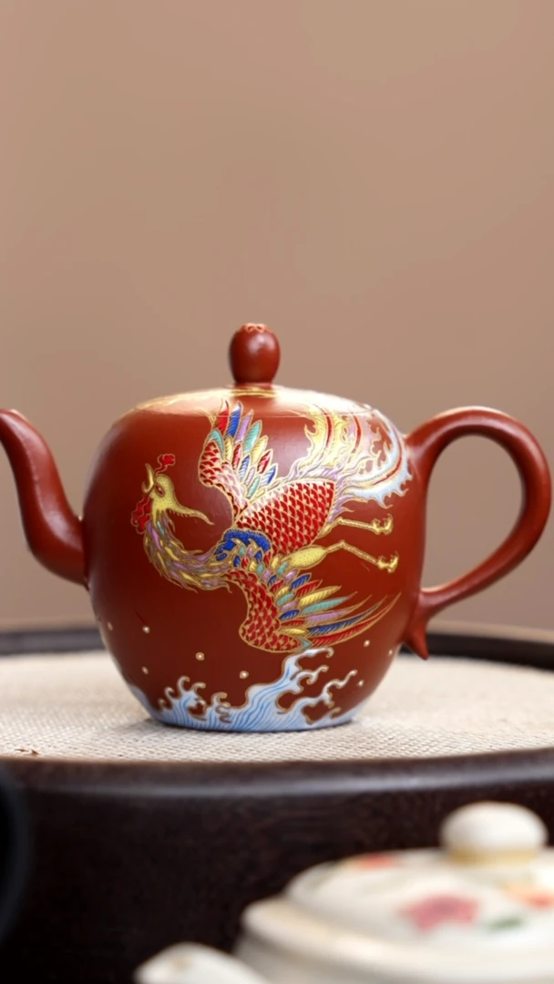 茶壶紫砂李**?朱泥美人肩珐琅彩凤凰
